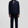 Relaxed navy blue cotton blend sweatshirt with checked patchwork and rugby shirt collar
