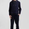 Relaxed navy blue cotton blend hoodie with padded embroidery