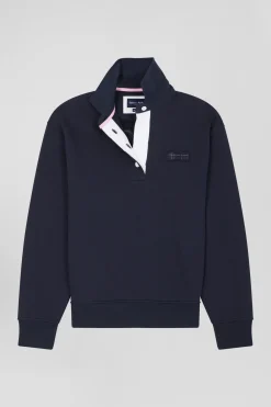 Relaxed navy blue cotton blend sweatshirt with back embroidery and rugby shirt collar
