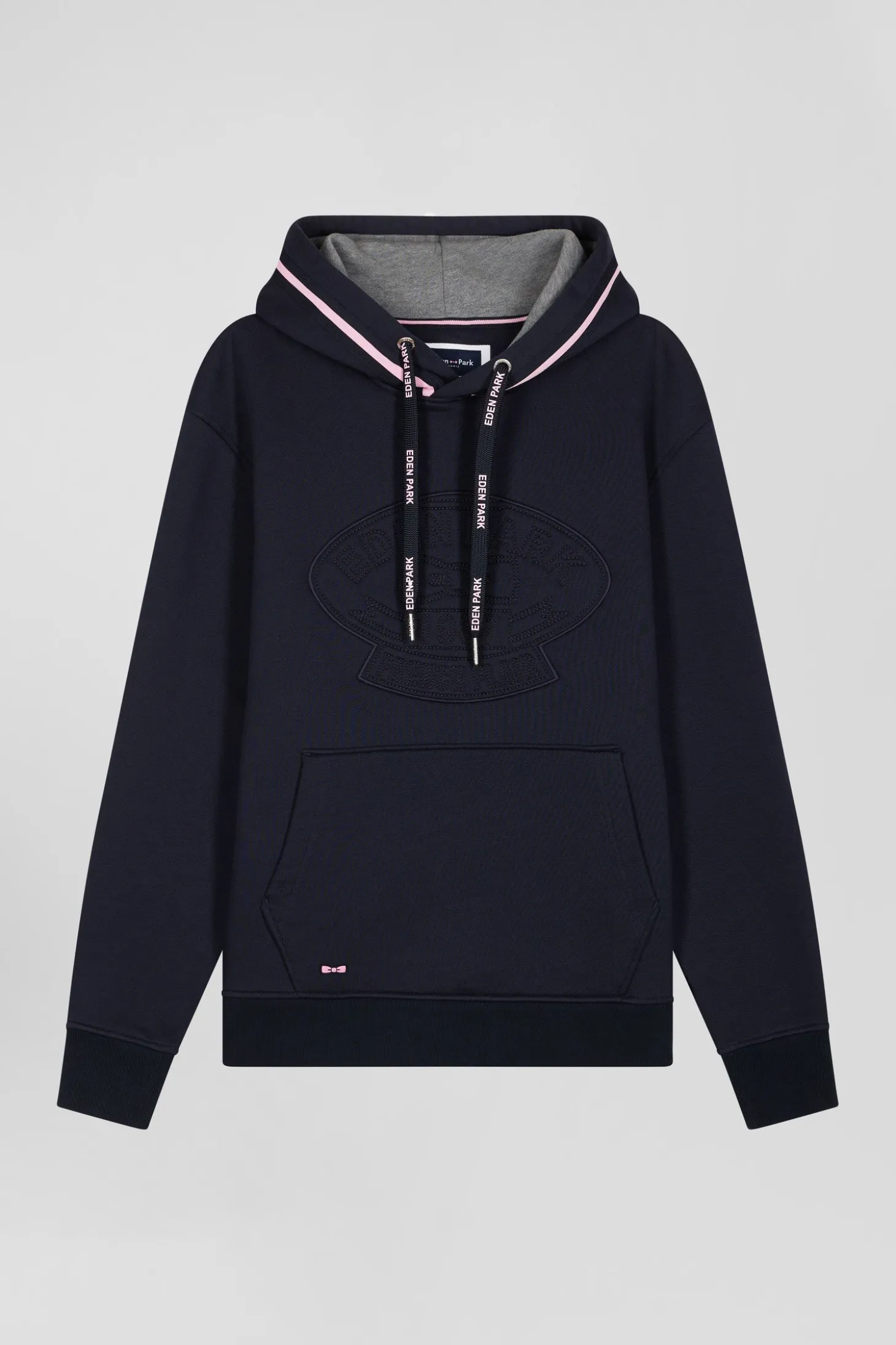 Relaxed navy blue cotton blend hoodie with padded embroidery