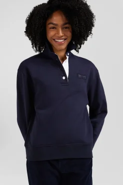 Relaxed navy blue cotton blend sweatshirt with back embroidery and rugby shirt collar