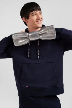 Relaxed navy blue cotton blend hoodie with padded embroidery