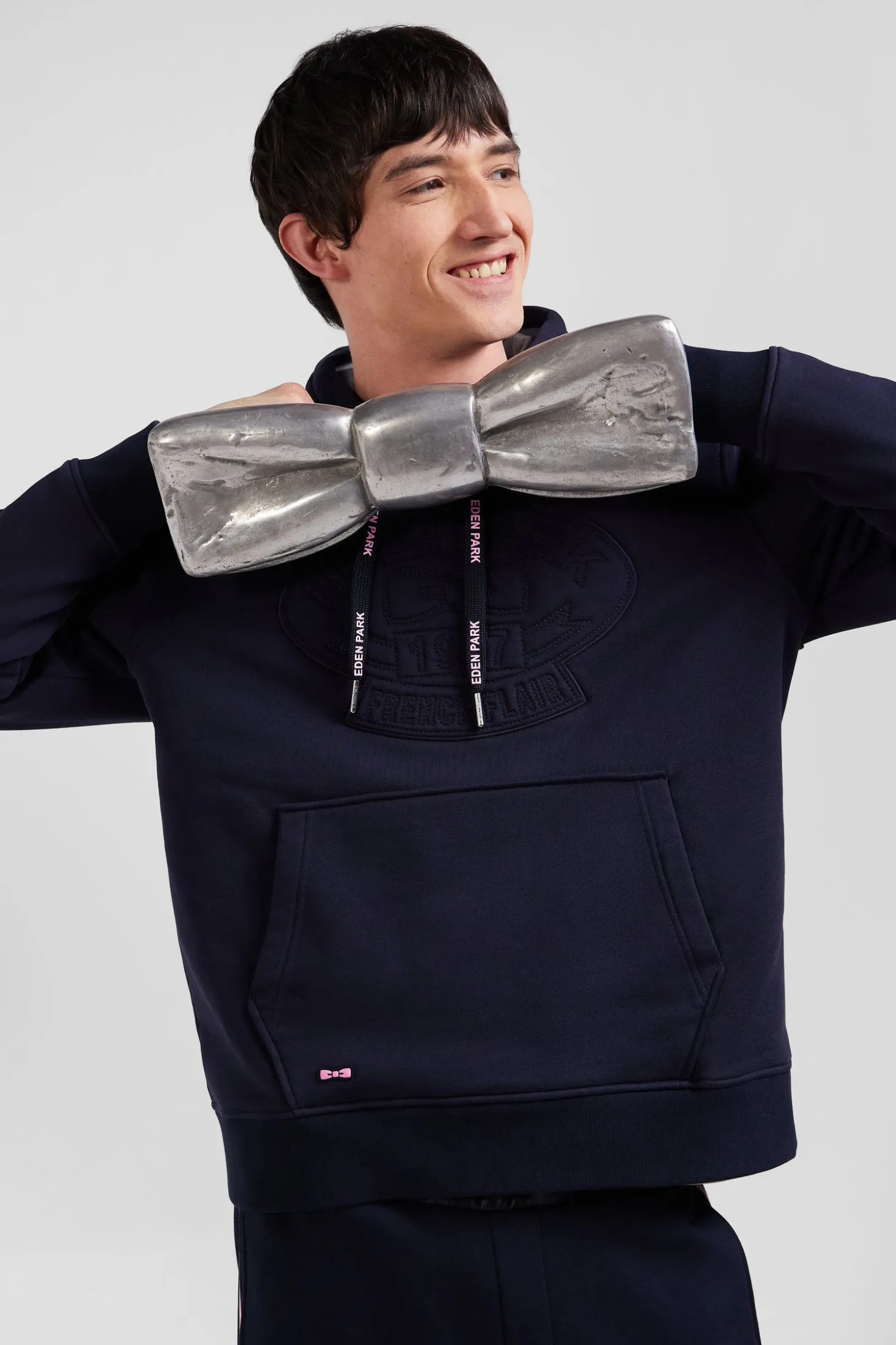 Relaxed navy blue cotton blend hoodie with padded embroidery