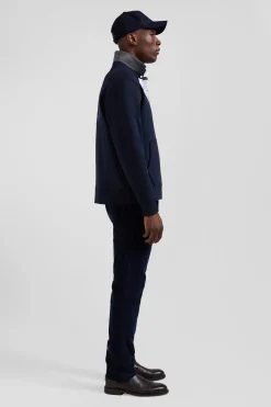 Relaxed navy blue cotton blend sweatshirt with checked patchwork and rugby shirt collar