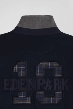 Relaxed navy blue cotton blend sweatshirt with checked patchwork and rugby shirt collar