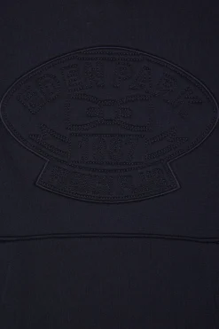 Relaxed navy blue cotton blend hoodie with padded embroidery