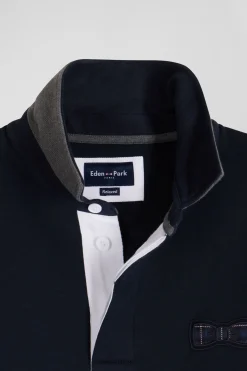 Relaxed navy blue cotton blend sweatshirt with checked patchwork and rugby shirt collar