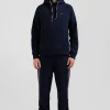 Relaxed navy blue fleece hoodie with branded drawstrings
