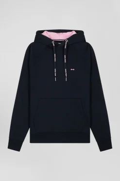Relaxed navy blue fleece hoodie with branded drawstrings