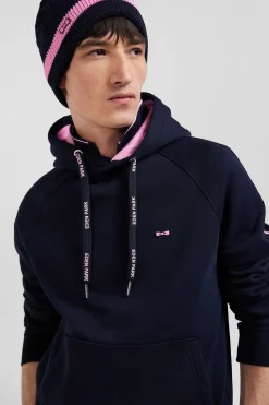 Relaxed navy blue fleece hoodie with branded drawstrings