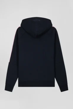 Relaxed navy blue fleece hoodie with branded drawstrings