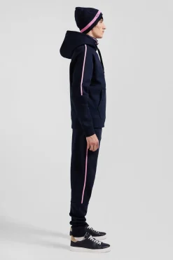 Relaxed navy blue fleece hoodie with branded drawstrings