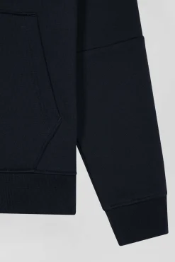 Relaxed navy blue fleece hoodie with branded drawstrings