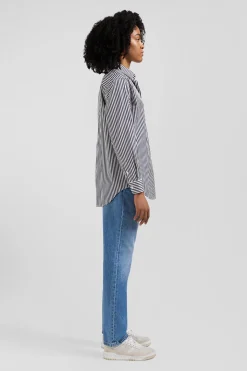 Relaxed navy blue striped cotton shirt