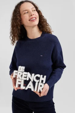 Relaxed navy wool and cotton crew neck jumper