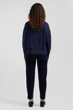 Relaxed navy wool and cotton crew neck jumper