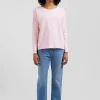 Relaxed pink long-sleeved round neck cotton T-shirt