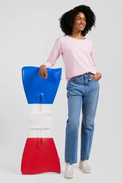 Relaxed pink long-sleeved round neck cotton T-shirt