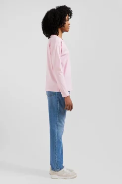 Relaxed pink long-sleeved round neck cotton T-shirt