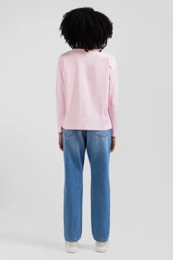 Relaxed pink long-sleeved round neck cotton T-shirt