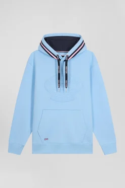 Relaxed sky blue cotton blend hoodie with padded embroidery