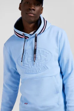 Relaxed sky blue cotton blend hoodie with padded embroidery