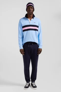 Relaxed sky blue embroidered long-sleeved cotton rugby shirt