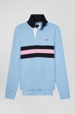 Relaxed sky blue embroidered long-sleeved cotton rugby shirt
