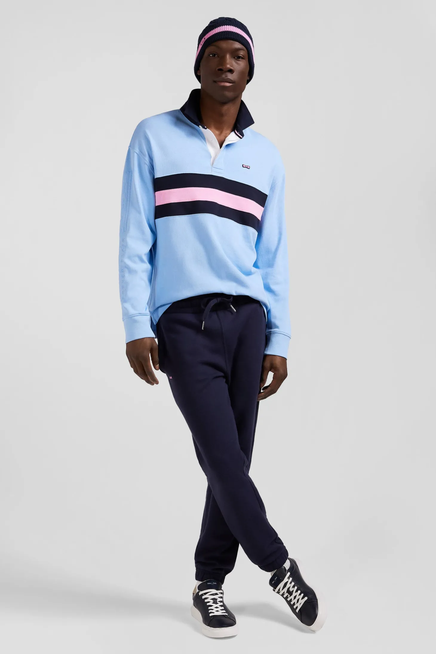 Relaxed sky blue embroidered long-sleeved cotton rugby shirt