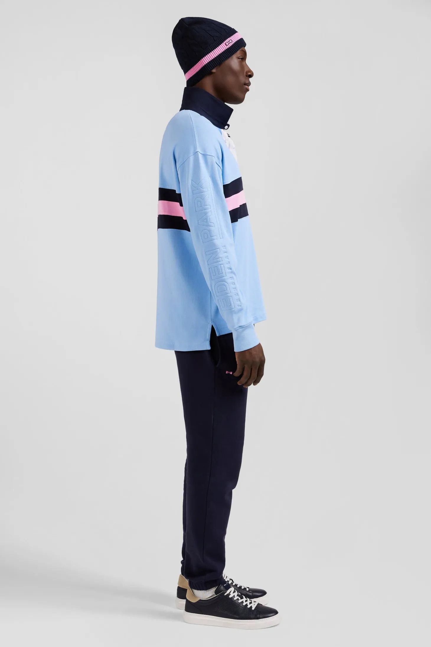 Relaxed sky blue embroidered long-sleeved cotton rugby shirt