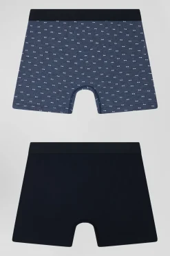 Set of 2 dark blue solid and micro pattern stretch cotton boxers