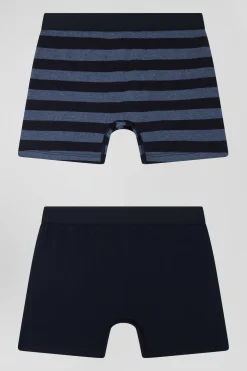 Set of 2 dark blue striped and solid stretch cotton boxers