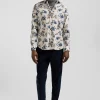 Slim beige floral print cotton shirt