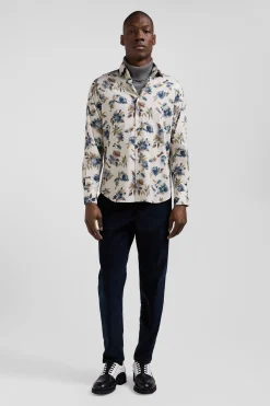 Slim beige floral print cotton shirt