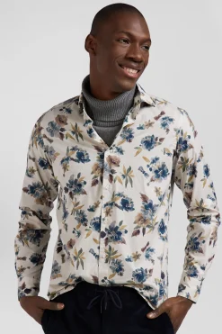 Slim beige floral print cotton shirt