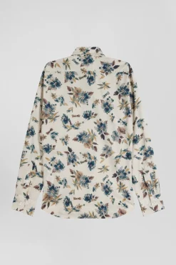 Slim beige floral print cotton shirt