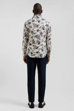 Slim beige floral print cotton shirt