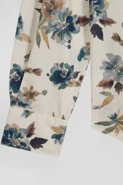 Slim beige floral print cotton shirt