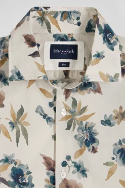 Slim beige floral print cotton shirt