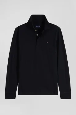 Slim black long-sleeved cotton piqué polo shirt