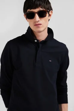 Slim black long-sleeved cotton piqué polo shirt
