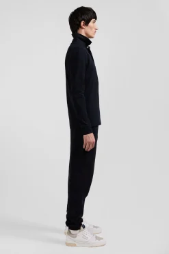 Slim black long-sleeved cotton piqué polo shirt