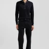 Slim black long-sleeved stretch cotton polo shirt with striped collar