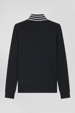 Slim black long-sleeved stretch cotton polo shirt with striped collar