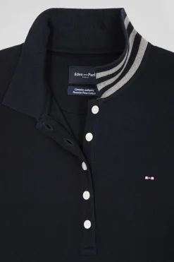 Slim black long-sleeved stretch cotton polo shirt with striped collar