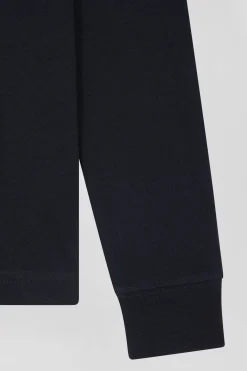 Slim black long-sleeved stretch cotton polo shirt with striped collar