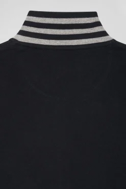 Slim black long-sleeved stretch cotton polo shirt with striped collar