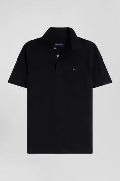 Slim black short-sleeved cotton piqué polo shirt
