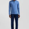 Slim blue long-sleeved cotton piqué polo shirt