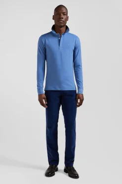 Slim blue long-sleeved cotton piqué polo shirt